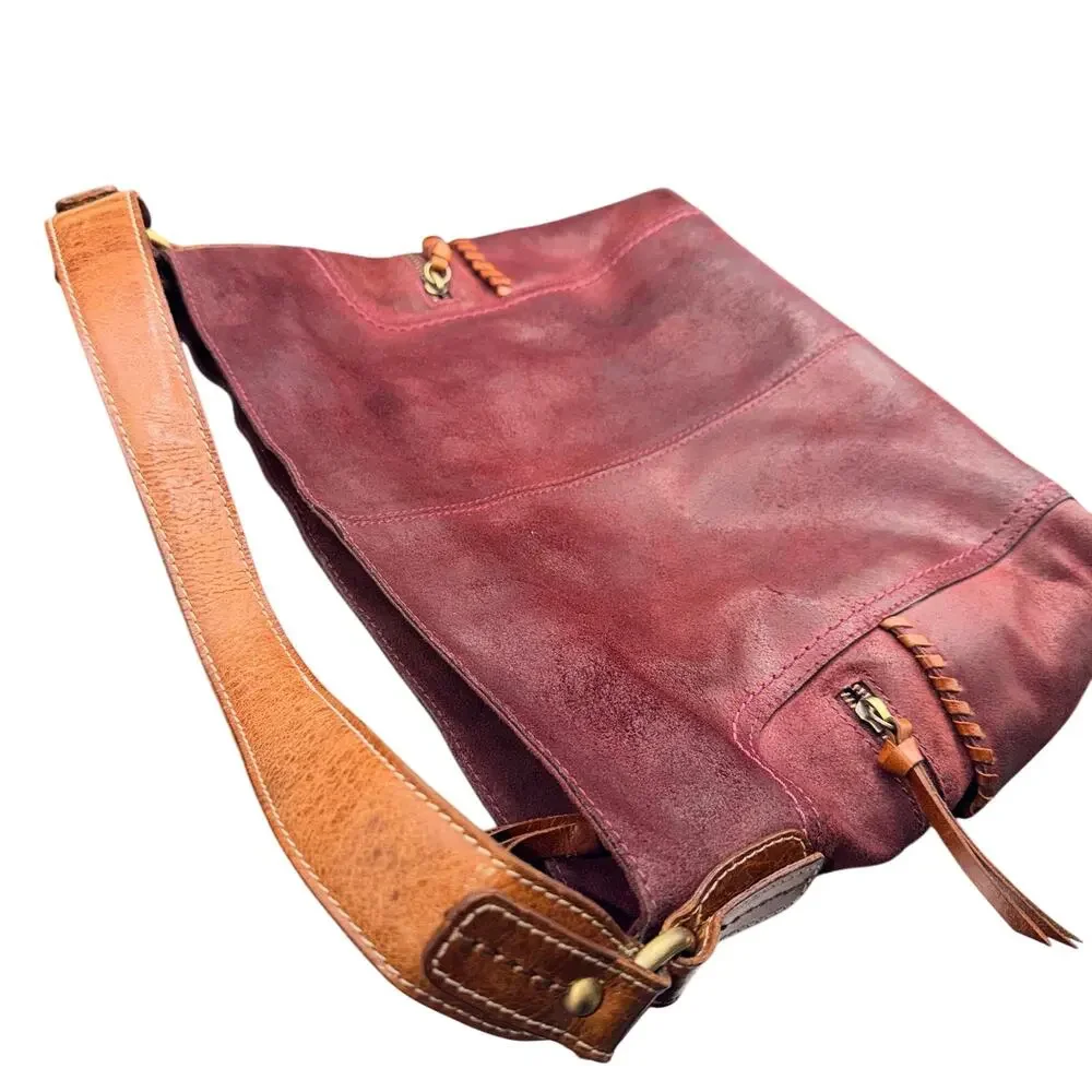Nino Bossi Burgundy Leather Hobo Bag Whipstitch Boho Shoulder Purse